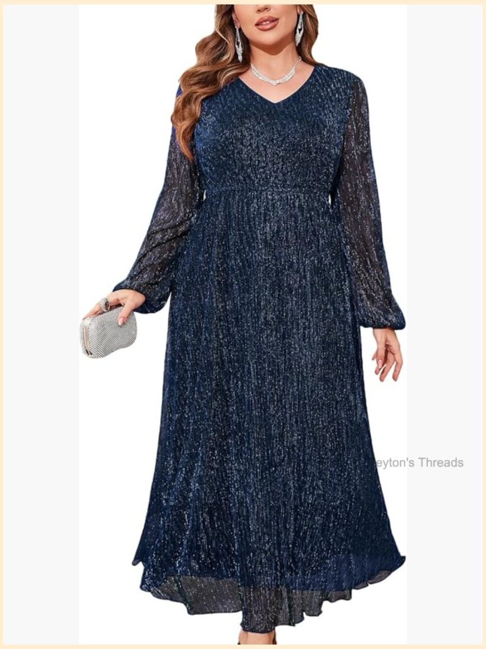 Plus Size Sparkly Mesh Maxi Formal Dress Long Sleeves V Neck A-Line
